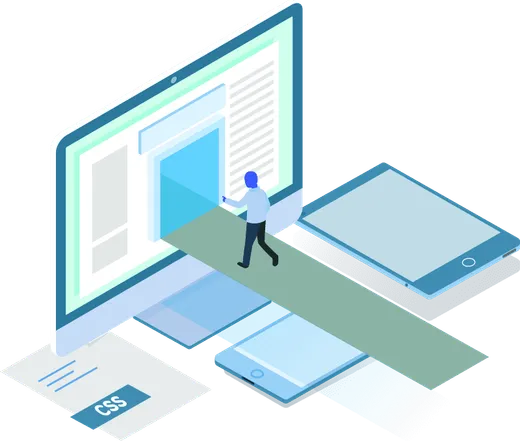 Isometric illustration of a developer assembling an app across screens