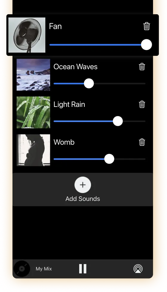 Deep Sleep Sounds app screen showing a custom sound mix