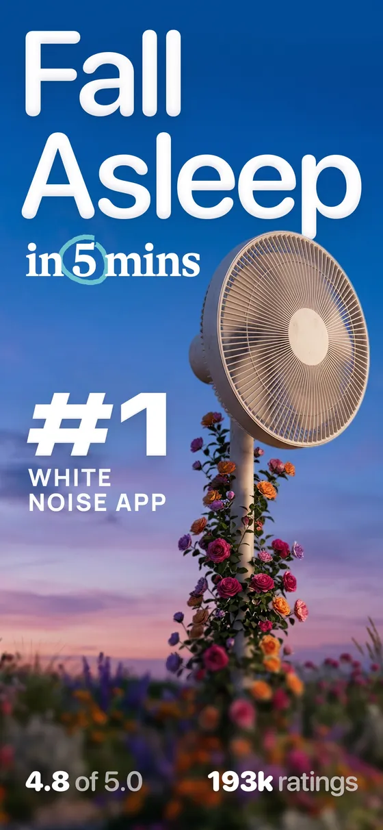 Bedtime Fan App Store screenshot: “Fall Asleep in 5 mins” — a pedestal fan wreathed in roses at dusk, the #1 fan sound app, rated 4.8 of 5