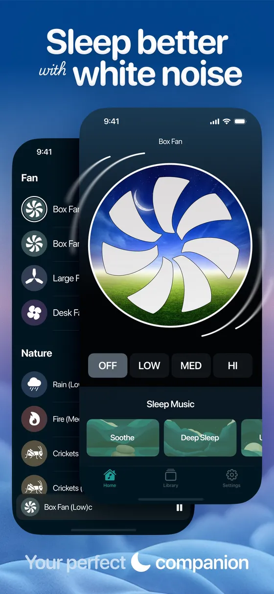 Bedtime Fan app screen: Box Fan player with off, low, medium, and high speed buttons, sleep music cards, and a library of fan and nature sounds