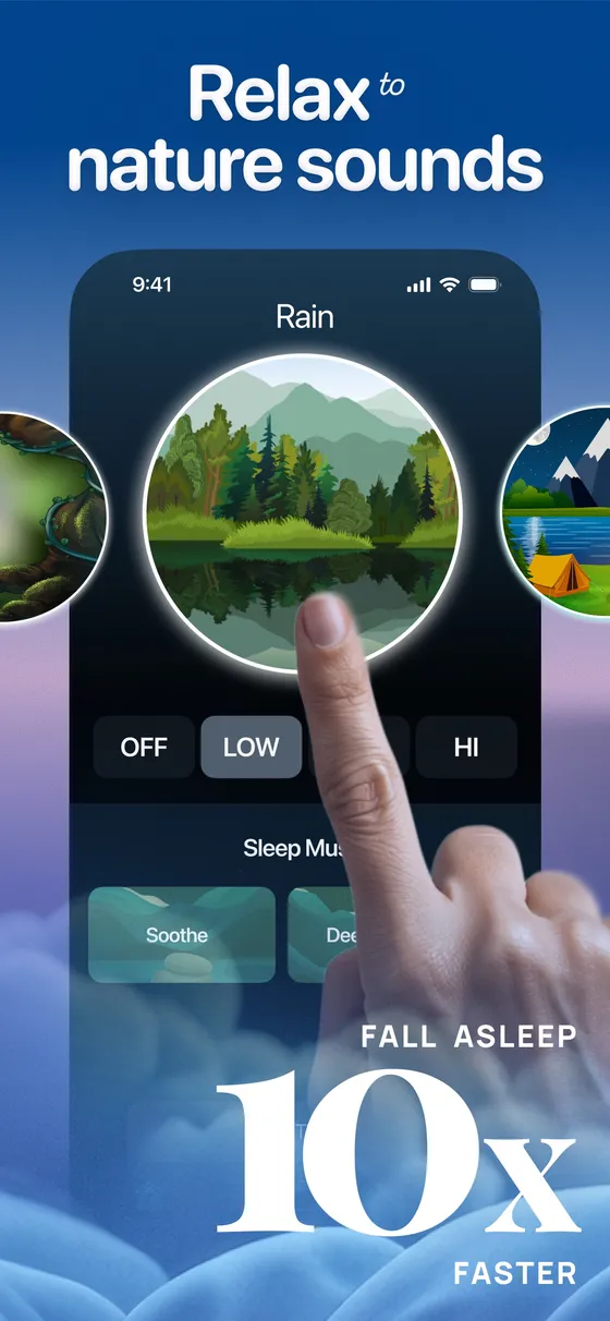 Bedtime Fan app screen: Rain sound with a lakeside scene, speed controls, and the caption “Fall asleep 10x faster”