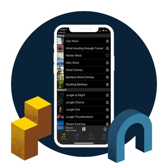 Phone showing the Deep Sleep Sounds catalog of wind and nature sounds