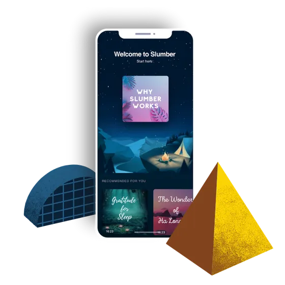 Phone showing the Slumber app welcome screen beside playful 3D shapes