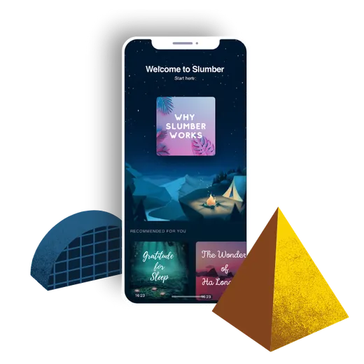 Phone showing the Slumber app welcome screen beside playful 3D shapes