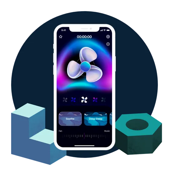 Phone showing the Bedtime Fan app with a glowing fan and sound mixer