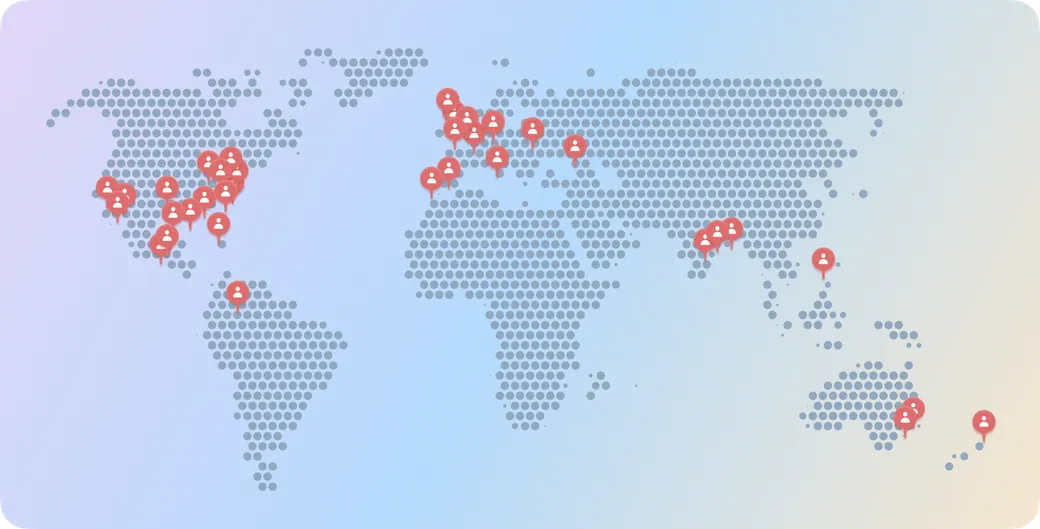World map dotted with markers showing our remote team around the globe